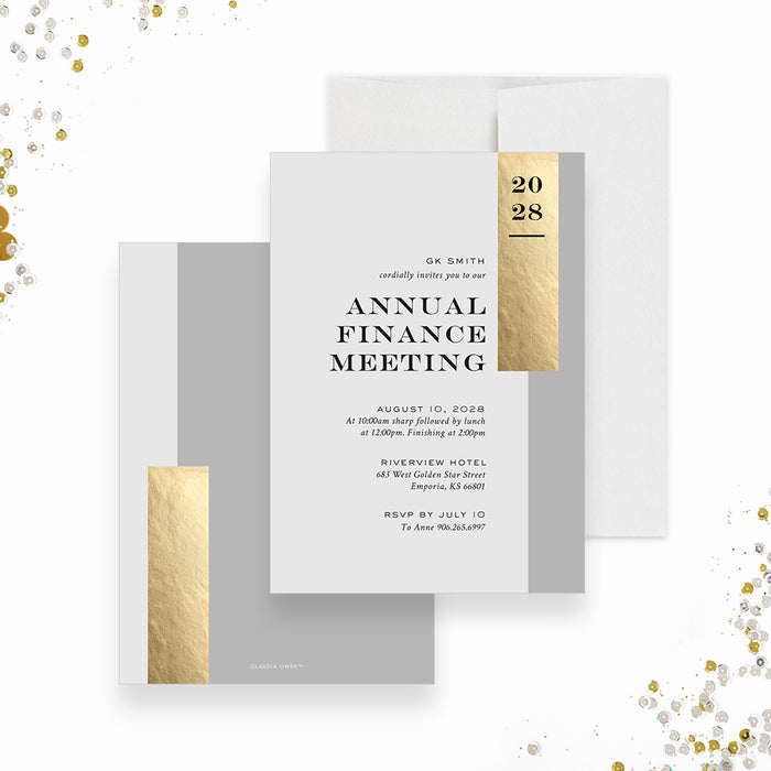 Elegant Gray and Gold Invitation Card for Business Annual Finance Meeting, Company Anniversary Invites, Employee Appreciation Dinner, Corporate Event Invite Cards