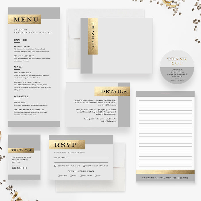 Elegant Gray and Gold Invitation Card for Business Annual Finance Meeting, Company Anniversary Invites, Employee Appreciation Dinner, Corporate Event Invite Cards