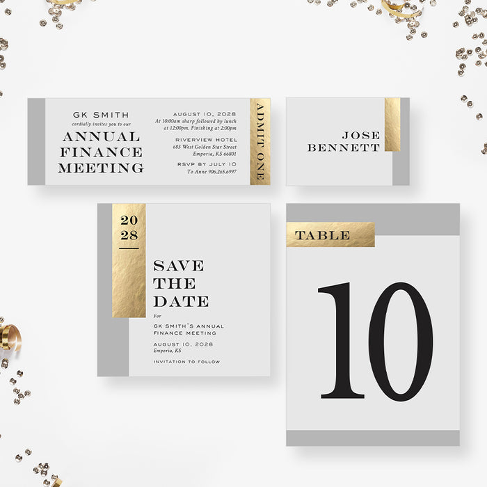 Elegant Gray and Gold Invitation Card for Business Annual Finance Meeting, Company Anniversary Invites, Employee Appreciation Dinner, Corporate Event Invite Cards