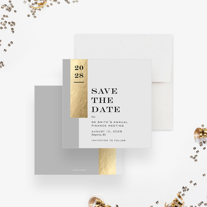 Elegant Gray and Gold Save the Date Card for Business Annual Finance Meeting, Company Anniversary Save the Dates, Corporate Party Save the Date