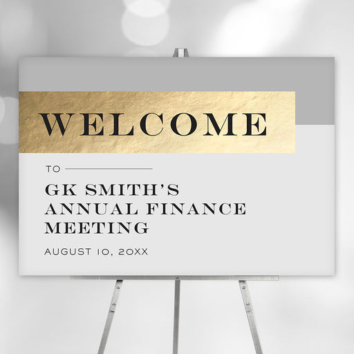 Gray and gold welcome sign for business event or annual meeting, customizable with company name, event title, and date.