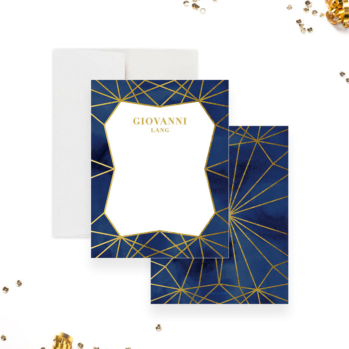 Elegant Note Card with Gold Jewel Geometric Lines, Personalized Birthday Thank You Card in Blue and Gold