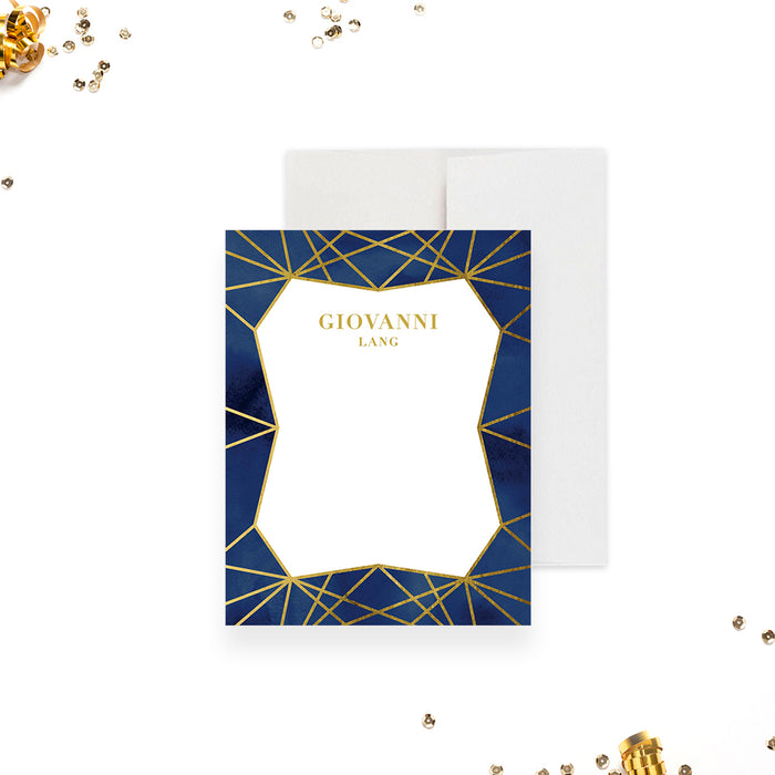 Elegant Note Card with Gold Jewel Geometric Lines, Personalized Birthday Thank You Card in Blue and Gold