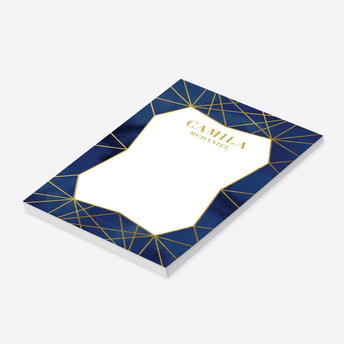 Elegant Notepad with Gold Jewel Geometric Lines, Personalized Blue Watercolor Stationery Writing Paper Pad, Unique Birthday Party Favor