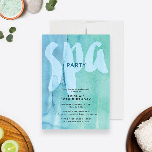 Spa birthday invitation template featuring a blue and green watercolor design with large spa lettering, ideal for girls pamper party celebrations.