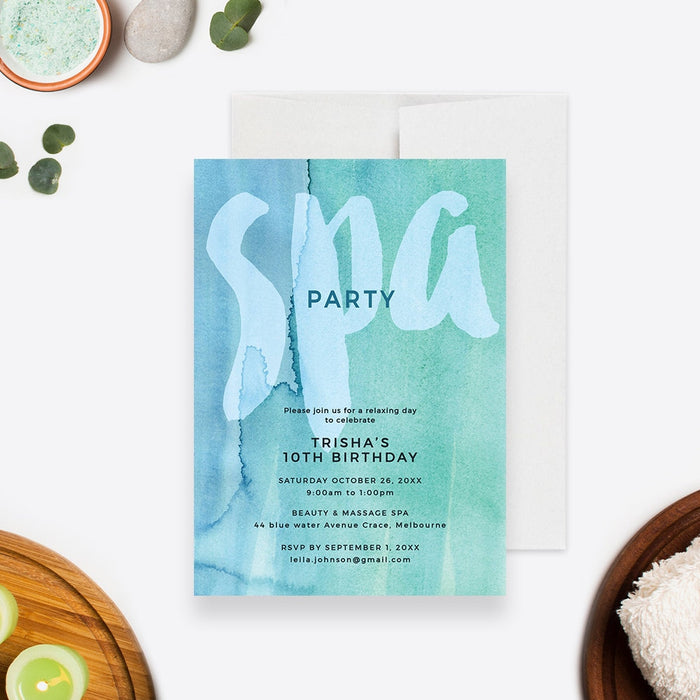 Spa birthday invitation template featuring a blue and green watercolor design with large spa lettering, ideal for girls pamper party celebrations.