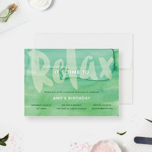 Spa birthday invitation template with green watercolor background and “relax” lettering, designed for pamper party and spa day celebrations.