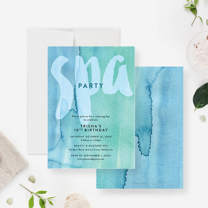 Spa birthday invitation featuring a soft blue and green watercolor background with modern lettering, designed for a relaxing girls spa party-front-back