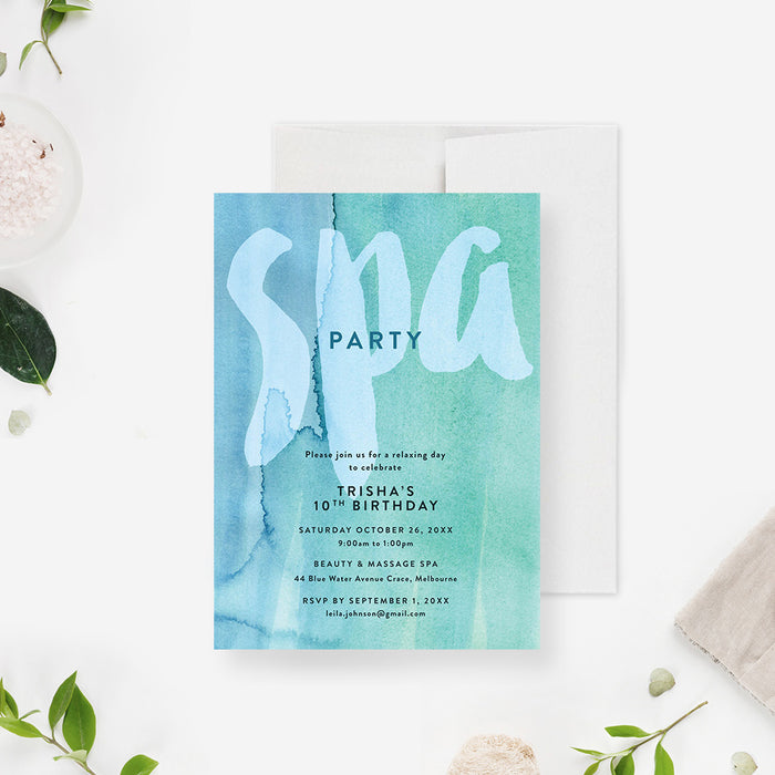 Spa birthday invitation featuring a soft blue and green watercolor background with modern lettering, designed for a relaxing girls spa party-front