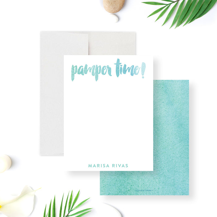 Spa party thank you card featuring a minimal design with soft watercolor lettering that reads “pamper time” and a personalized name-front-back