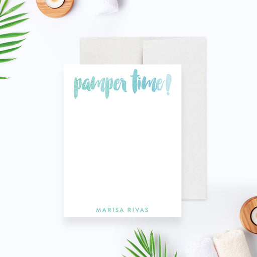 Spa party thank you card featuring a minimal design with soft watercolor lettering that reads “pamper time” and a personalized name-front