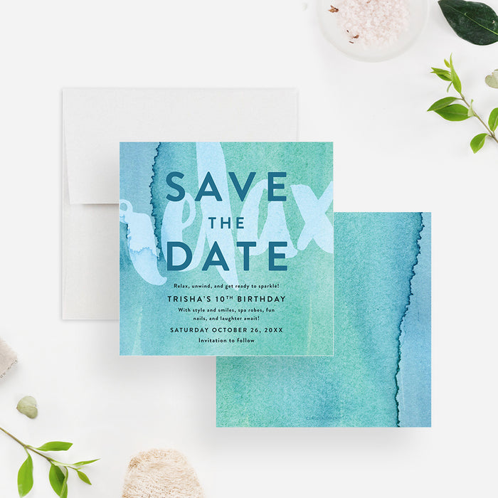 Spa birthday save the date card featuring a soft blue and green watercolor background with modern lettering, designed for a relaxing girls spa party-front-back