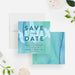 Spa birthday save the date card featuring a soft blue and green watercolor background with modern lettering, designed for a relaxing girls spa party-front-back