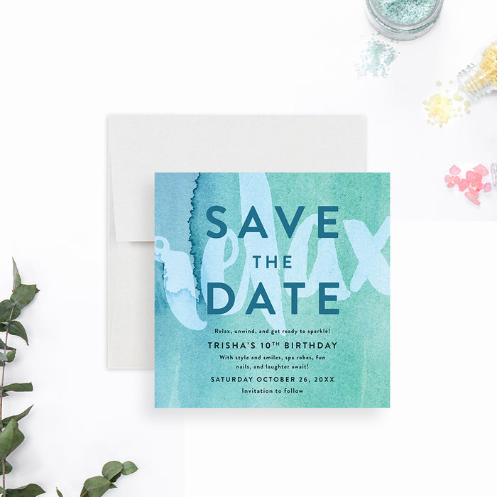 Spa birthday save the date card featuring a soft blue and green watercolor background with modern lettering, designed for a relaxing girls spa party-front