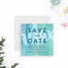 Spa birthday save the date card featuring a soft blue and green watercolor background with modern lettering, designed for a relaxing girls spa party-front