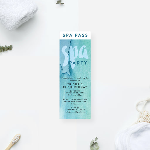 Spa party ticket invitation designed as a spa pass with a soft blue and green watercolor background, perfect for a girls spa birthday party.