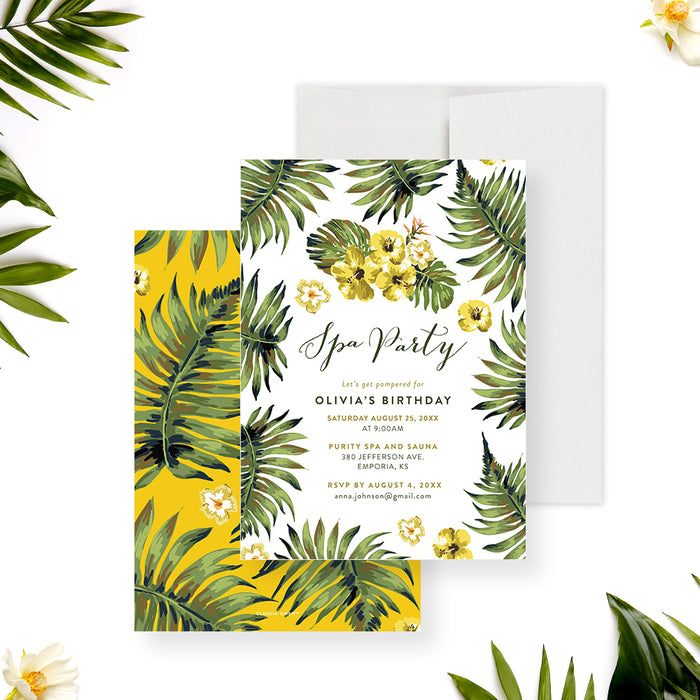 spa party birthday invitation with tropical palm leaves, yellow hibiscus flowers, white background, and elegant script lettering-front-back