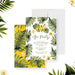 spa party birthday invitation with tropical palm leaves, yellow hibiscus flowers, white background, and elegant script lettering-front-back