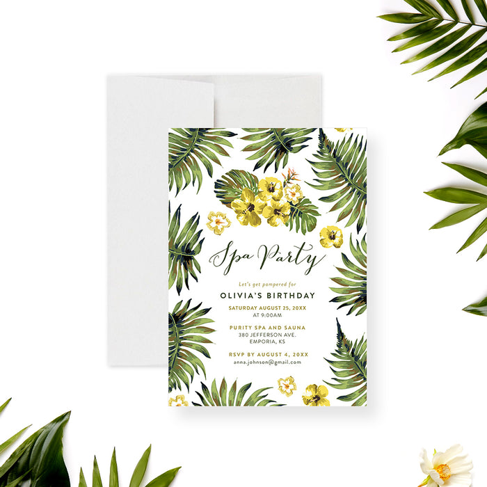 spa party birthday invitation with tropical palm leaves, yellow hibiscus flowers, white background, and elegant script lettering-front