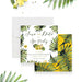 spa party birthday save the date card with tropical palm leaves, yellow hibiscus flowers, white background, and elegant lettering-front-back