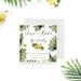 spa party birthday save the date card with tropical palm leaves, yellow hibiscus flowers, white background, and elegant lettering-front