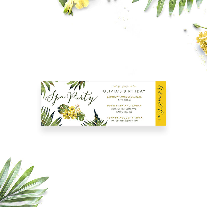spa party birthday ticket invitation with tropical palm leaves, yellow hibiscus flowers, event details, and yellow admit one panel