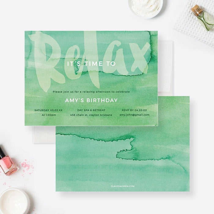 Spa birthday invitation template with green watercolor background and “relax” lettering, designed for pamper party and spa day celebrations.