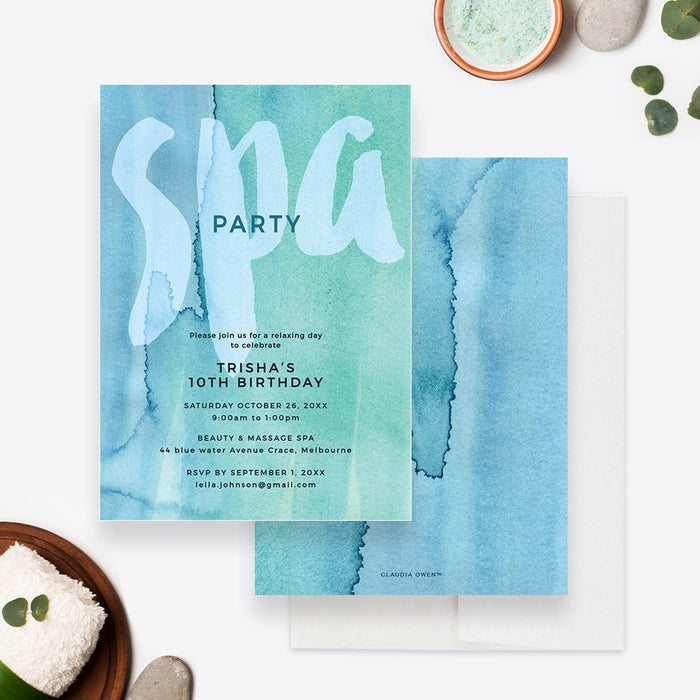 Spa birthday invitation template featuring a blue and green watercolor design with large spa lettering, ideal for girls pamper party celebrations.