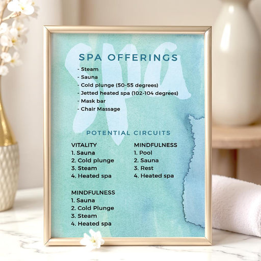 Spa party sign template featuring a green blue watercolor design with spa offerings list, ideal for wellness events and spa party decor.