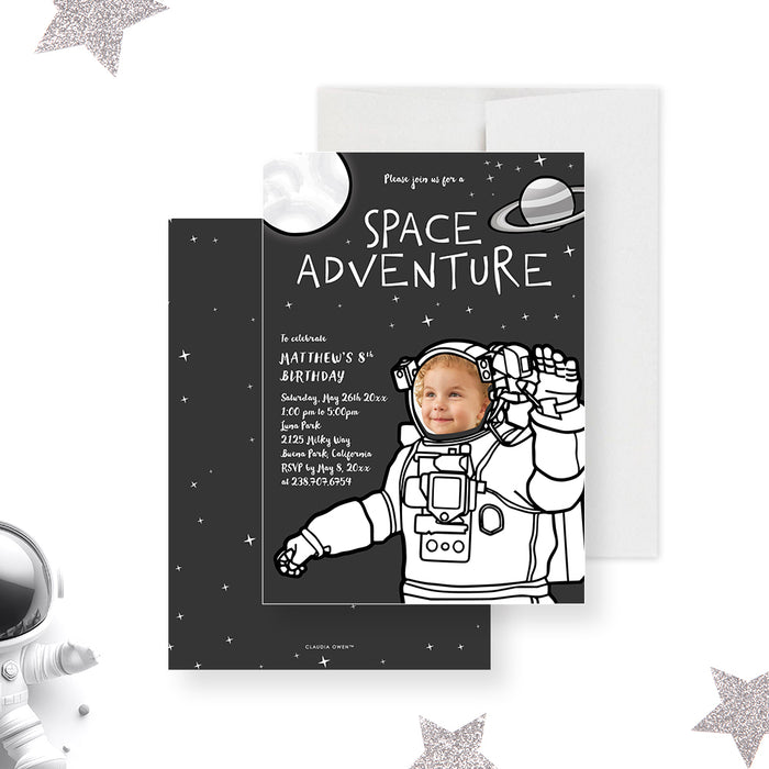 Space Adventure Birthday Party Invitation with Photo, Astronaut Birthday for Boys and Girls, Outer Space Party Invites