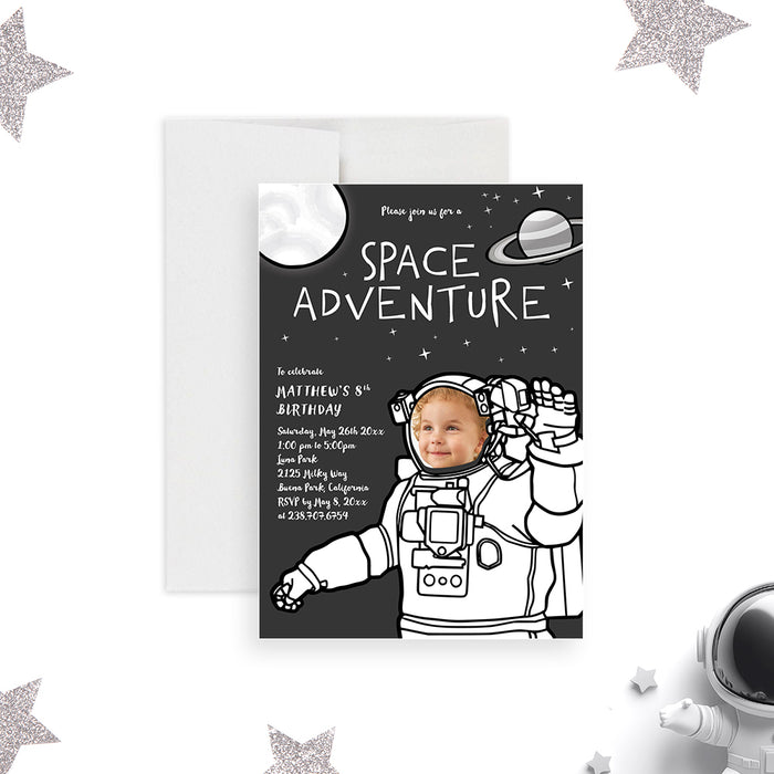 Space Adventure Birthday Party Invitation with Photo, Astronaut Birthday for Boys and Girls, Outer Space Party Invites