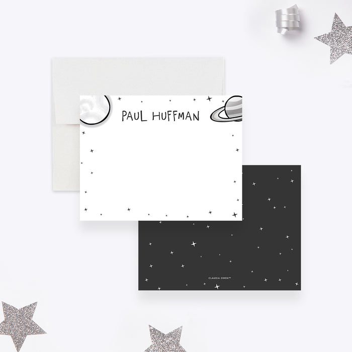 Personalized outer space note cards with planets and stars illustration-front-back