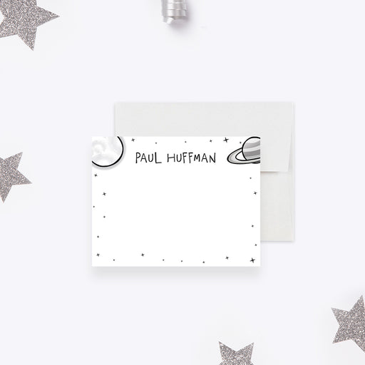 Personalized outer space note cards with planets and stars illustration-front