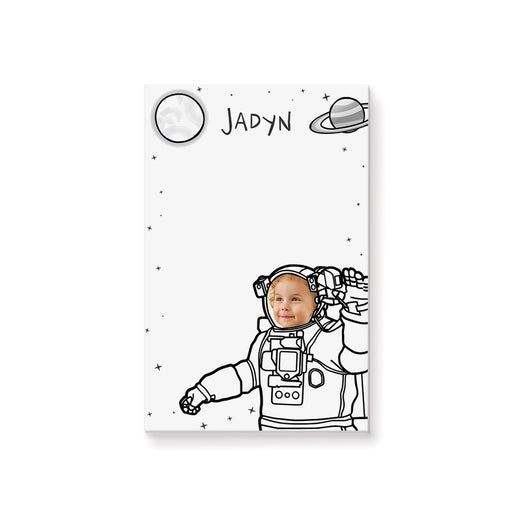 Personalized kids notepad with astronaut photo, planets, and stars space theme design