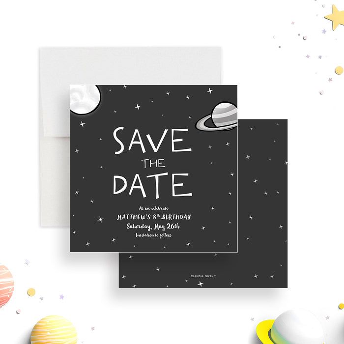 Outer space birthday save the date card featuring planets, stars, and a dark galaxy background-front-back
