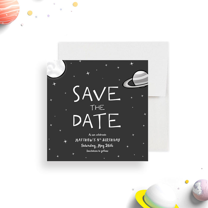 Outer space birthday save the date card featuring planets, stars, and a dark galaxy background-front