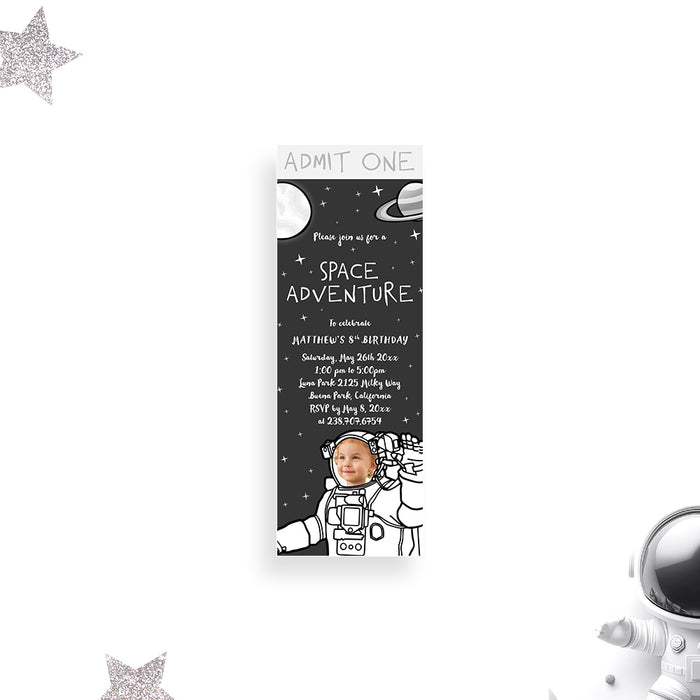 Space adventure birthday ticket invitation with astronaut photo, planets, and stars