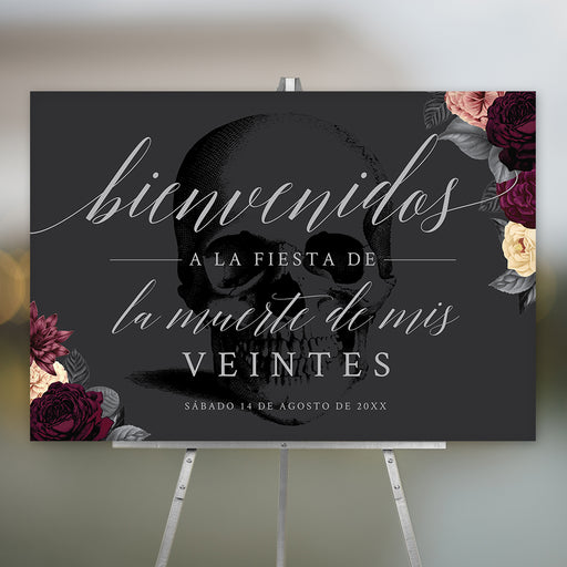 Spanish Death to My 20s welcome sign with vintage skull illustration and floral accents for gothic 30th birthday party decoration.