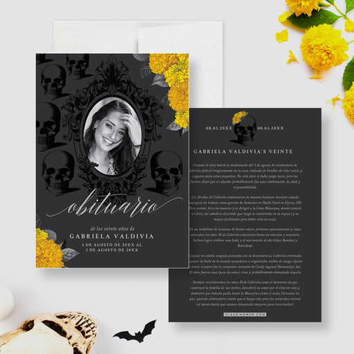 Gothic obituary style birthday card with skull pattern, marigold flowers, and photo frame for a Death to My Youth themed 30th birthday.