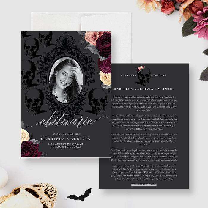 Gothic obituary style birthday invitation with skull pattern, floral accents, and photo frame for a Death to My Youth themed 30th birthday.