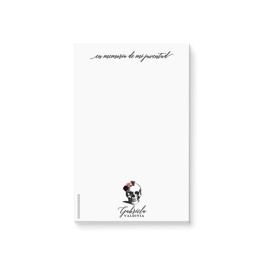 Gothic notepad with skull and floral accents and Spanish text “En memoria de mi juventud” for a Death to My Youth birthday theme.