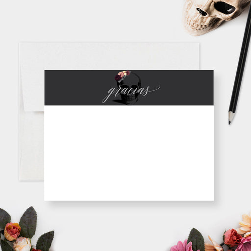 Dark gothic thank you card with skull and floral accents and Spanish text “Gracias” for a Death to My Youth themed birthday.