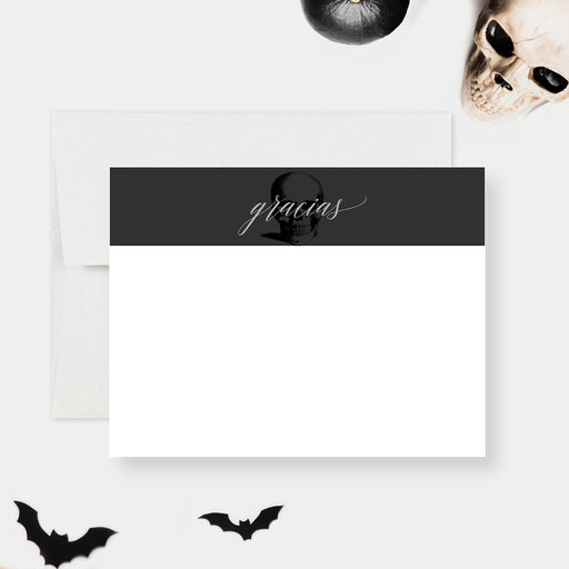 Spanish gothic skull birthday thank you card with “Gracias” text for a Death to My 20s party.-front