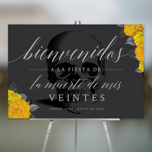 Gothic birthday welcome sign featuring a vintage skull, Spanish lettering, and marigold flowers for a Death to My 20s or Day of the Dead themed celebration.