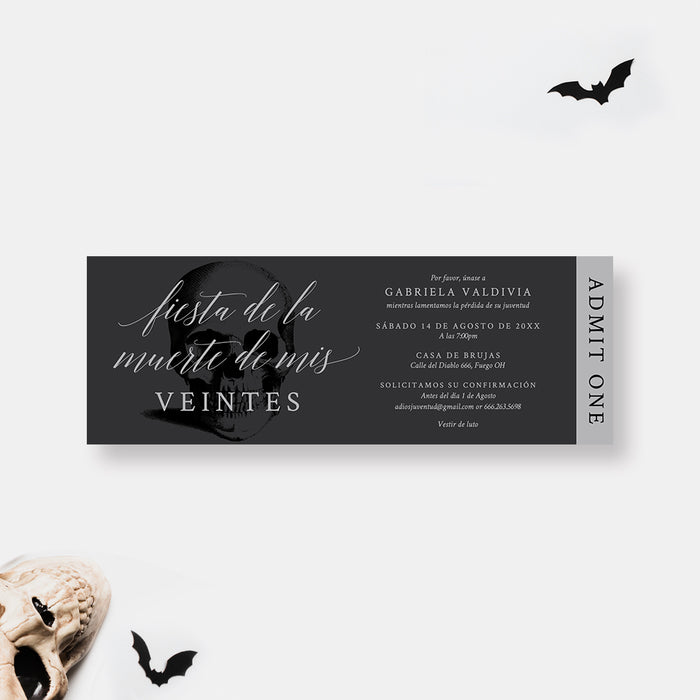 Spanish gothic skull ticket invitation with “Fiesta de la Muerte de Mis Veintes” text for a Death to My 20s birthday party.