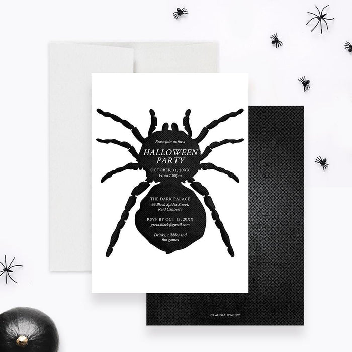 Spider Halloween Party Invitation Template featuring black spiders, web design, and modern typography on a neutral background.