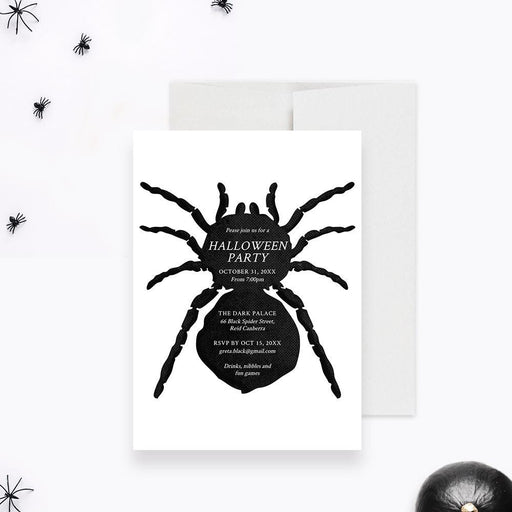 Spider Halloween Party Invitation Template featuring black spiders, web design, and modern typography on a neutral background.
