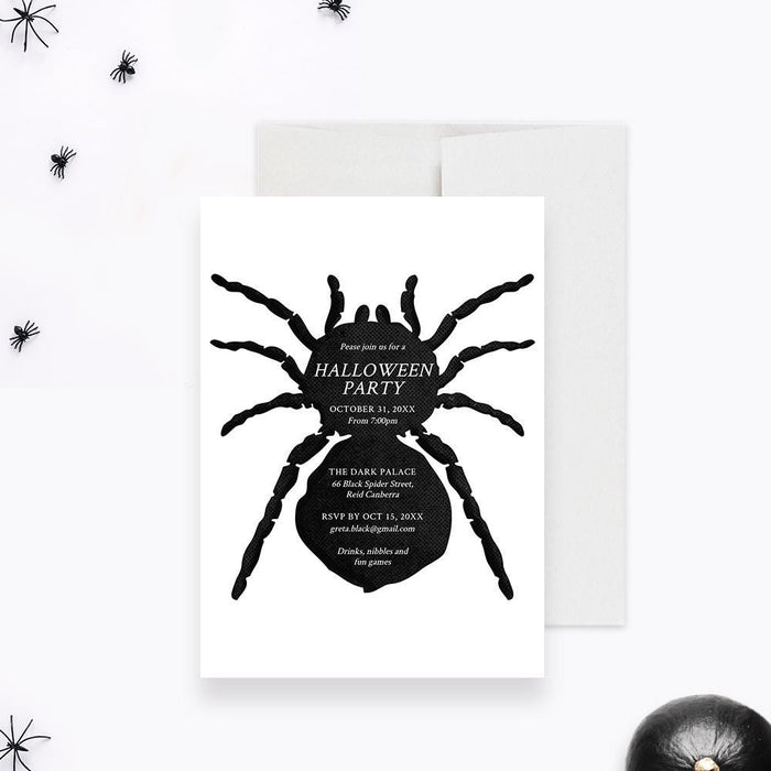 Spider Halloween Party Invitation Template featuring black spiders, web design, and modern typography on a neutral background.