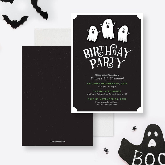 Halloween ghost birthday invitation card template black background with white ghosts for kids party