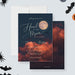 Spooky Halloween birthday invitation featuring full moon design with bats and clouds for horror themed party